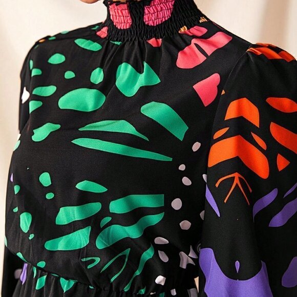 Multicolor Boho Womens Floral Print Ruffled Hem Short Dress With Long Sleeves - Picture 5 of 6